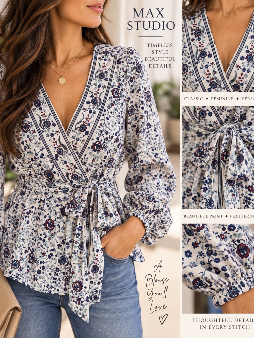 Max Studio Cream Floral Wrap Blouse Tie Waist Peplum